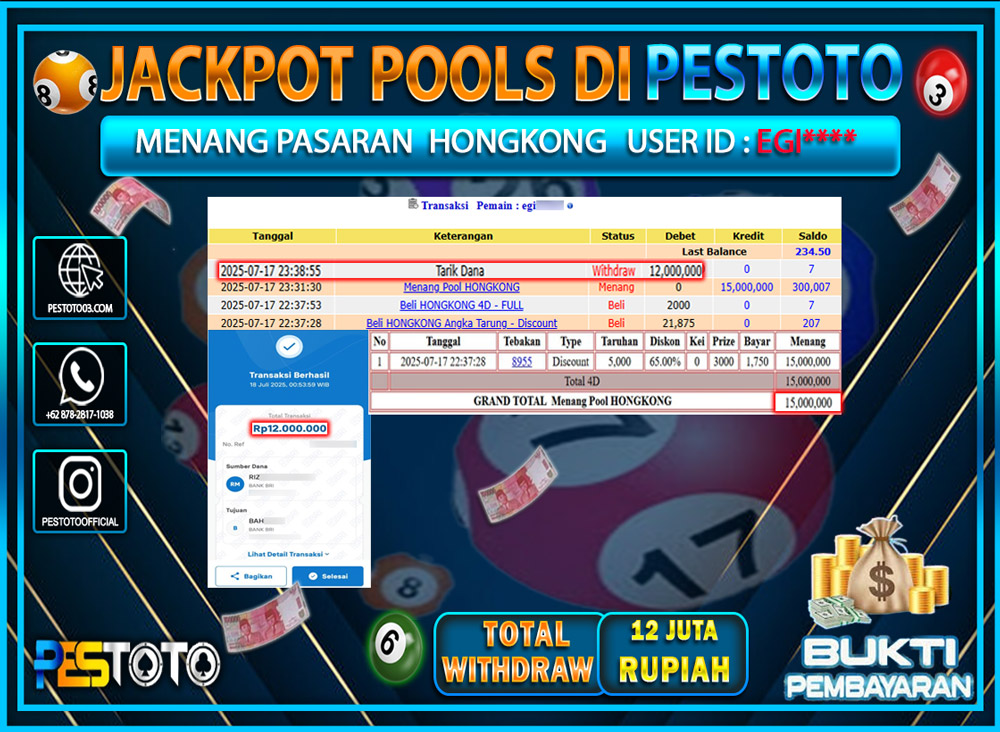 HANYA DI PESTOTO JP PASTI DI BAYAR LUNAS DAN CEPAT!!!! JP TOGEL { HONGKONG } Rp. 12.000.000 !!!