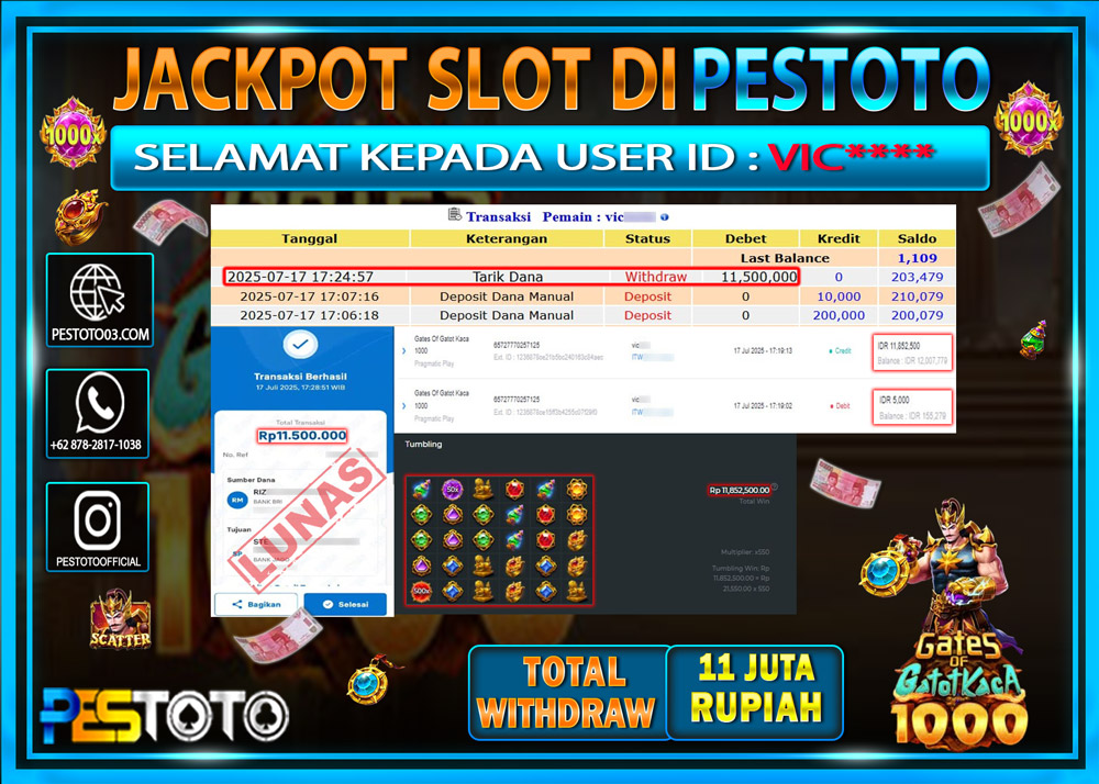 HANYA DI PESTOTO JP PASTI DI BAYAR LUNAS DAN CEPAT!!!! JP SLOT { GATES OF GATOT KACA 1000 } Rp. 11.500.000 !!!