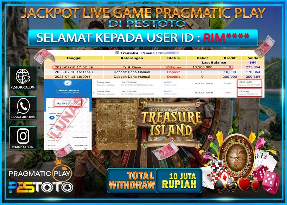 HANYA DI PESTOTO JP PASTI DI BAYAR LUNAS DAN CEPAT!!!! JP LIVE GAMES { TREASURE ISLAND PRAGMATIC PLAY } Rp. 10.500.000 !!!