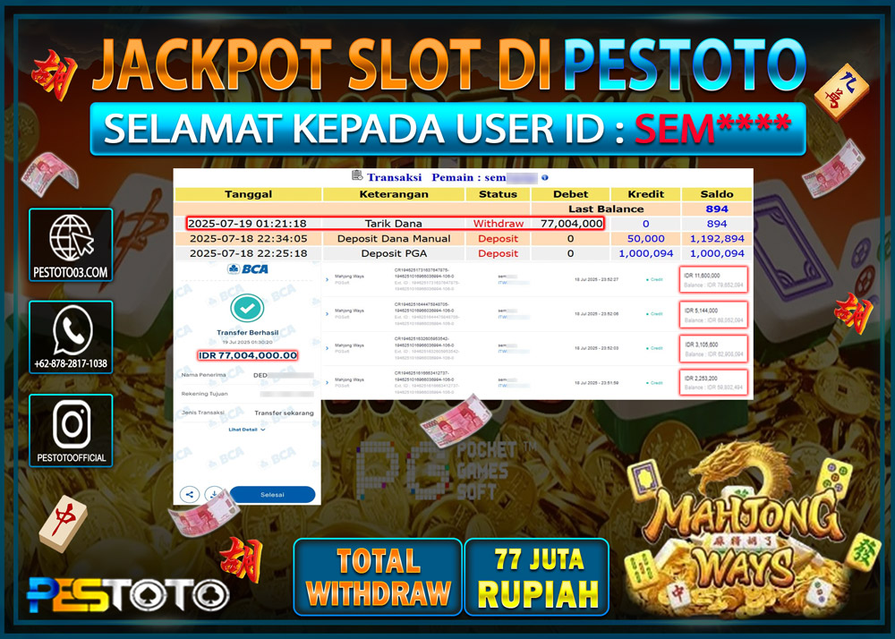 HANYA DI PESTOTO JP PASTI DI BAYAR LUNAS DAN CEPAT!!!! JP SLOT { MAHJONG WAYS } Rp. 77.004.000 !!!