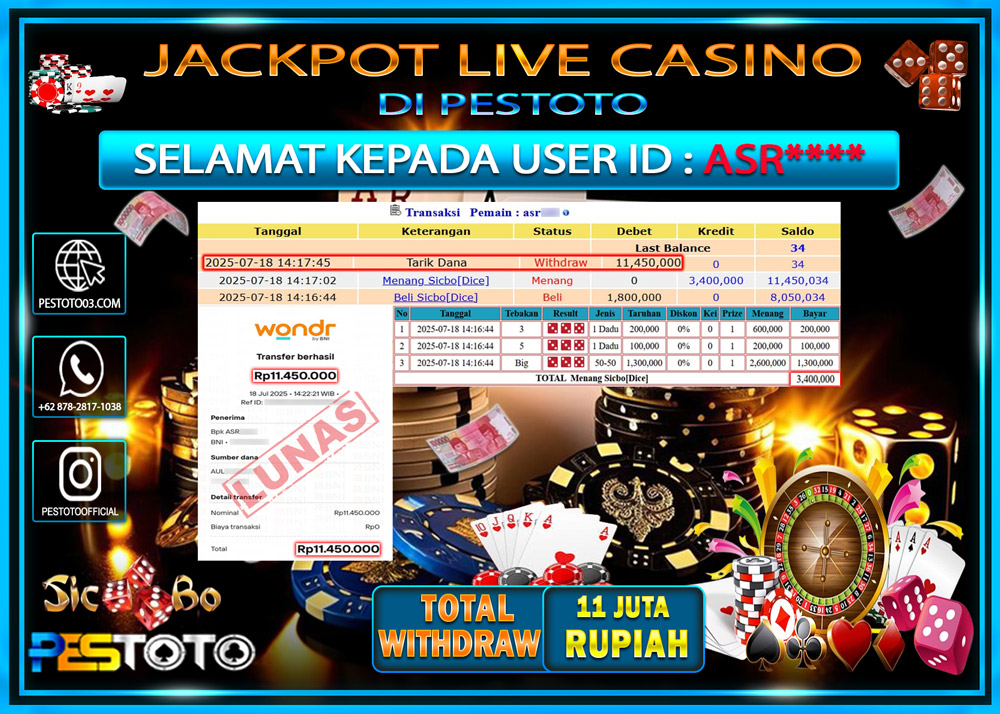 HANYA DI PESTOTO JP PASTI DI BAYAR LUNAS DAN CEPAT!!!! JP LIVE GAME { SICBO DICE } Rp. 11.450.000 !!!