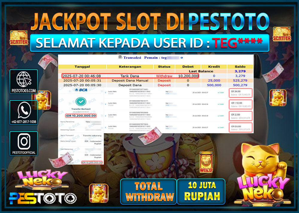 HANYA DI PESTOTO JP PASTI DI BAYAR LUNAS DAN CEPAT!!!! JP SLOT { LUCKY NECKO } Rp. 10.200.000 !!!