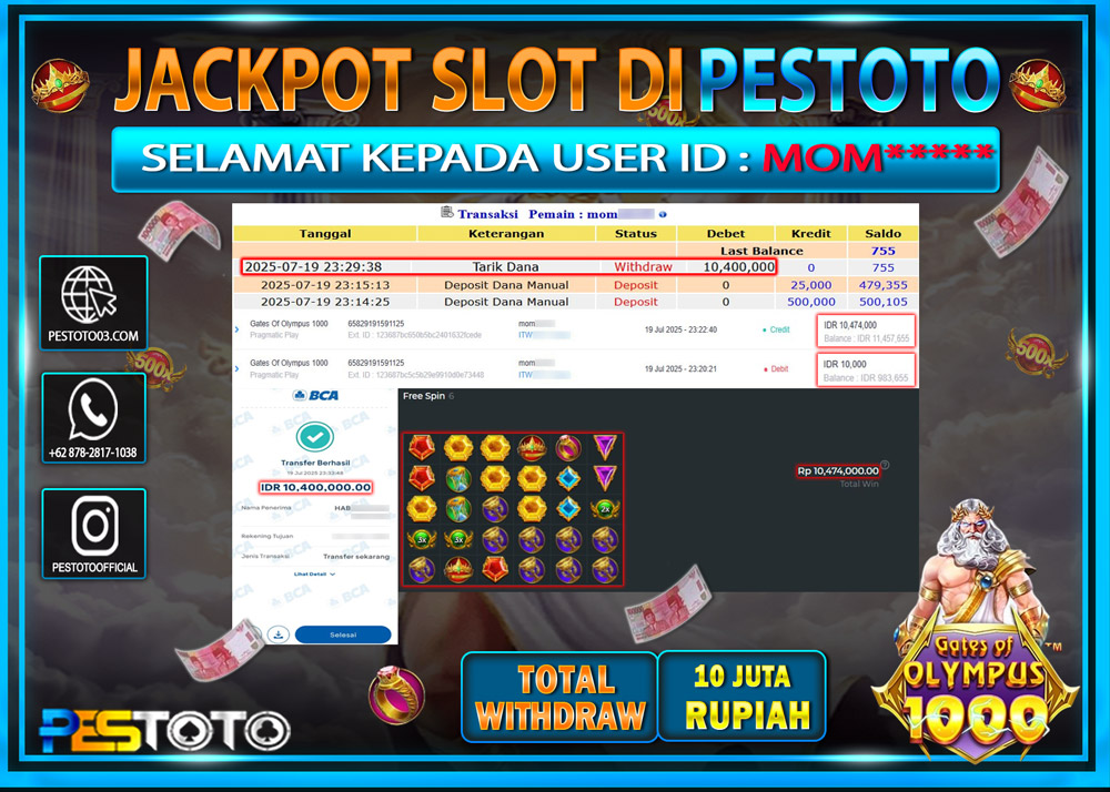 HANYA DI PESTOTO JP PASTI DI BAYAR LUNAS DAN CEPAT!!!! JP SLOT { GATES OF OLYMPUS 1000 } Rp. 10.400.000 !!!