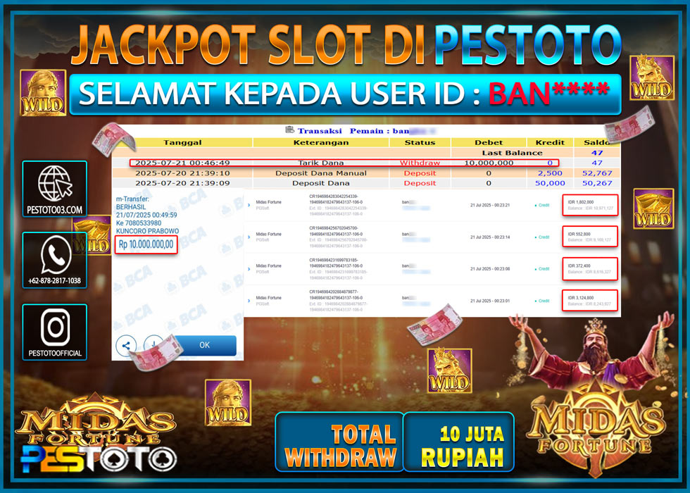 HANYA DI PESTOTO JP PASTI DI BAYAR LUNAS DAN CEPAT!!!! JP SLOT { MIDAS FORTUNE } Rp. 10.000.000 !!!