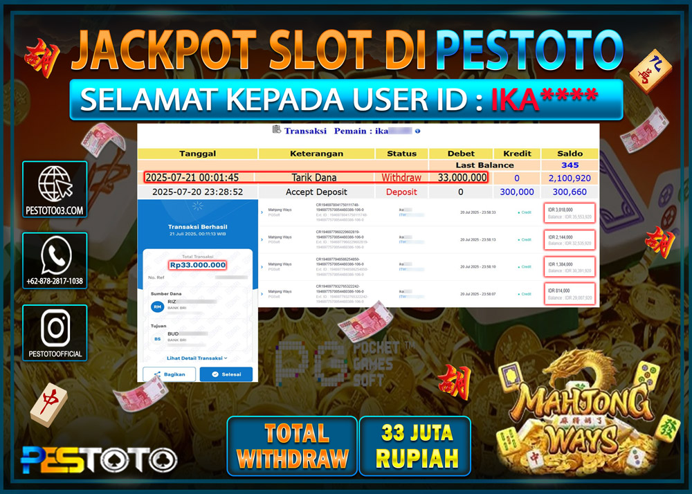 HANYA DI PESTOTO JP PASTI DI BAYAR LUNAS DAN CEPAT!!!! JP SLOT { MAHJONG WAYS } Rp. 33.000.000 !!!