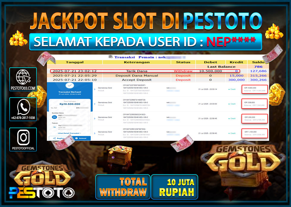 HANYA DI PESTOTO JP PASTI DI BAYAR LUNAS DAN CEPAT!!!! JP SLOT { GEMSTONES GOLD  } Rp. 10.500.000 !!!