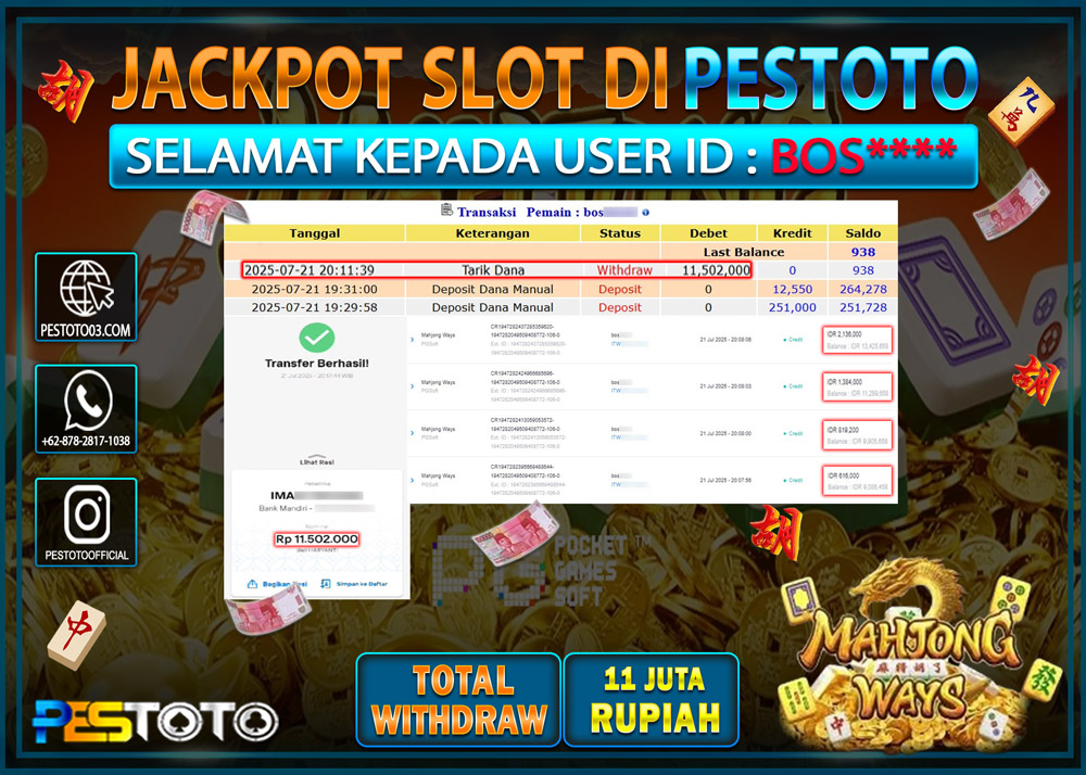 HANYA DI PESTOTO JP PASTI DI BAYAR LUNAS DAN CEPAT!!!! JP SLOT { MAHJONG WAYS  } Rp. 11.502.000 !!!