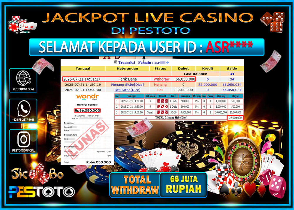 HANYA DI PESTOTO JP PASTI DI BAYAR LUNAS DAN CEPAT!!!! JP LIVE GAME { SICBO DICE } Rp. 66.050.000 !!!