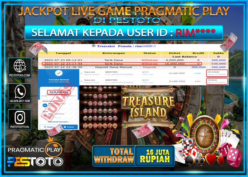 HANYA DI PESTOTO JP PASTI DI BAYAR LUNAS DAN CEPAT!!!! JP LIVE GAMES PRAGMATIC PLAY { TREASURE ISLAND  } Rp. 16.000.000 !!!
