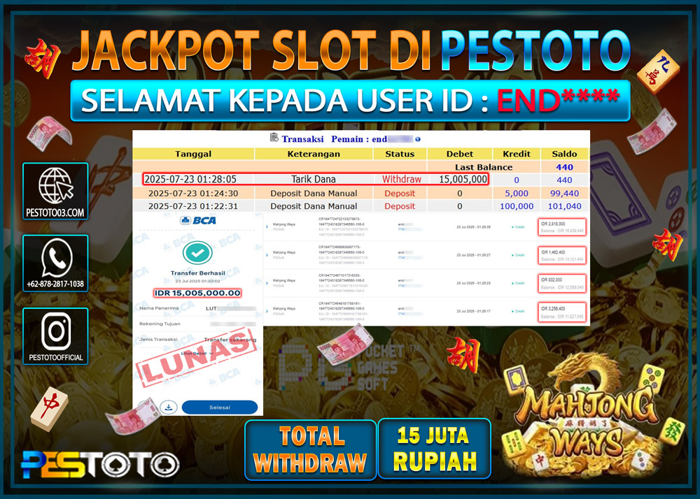 HANYA DI PESTOTO JP PASTI DI BAYAR LUNAS DAN CEPAT!!!! JP SLOT { MAHJONG WAYS  } Rp. 15.005.000 !!!