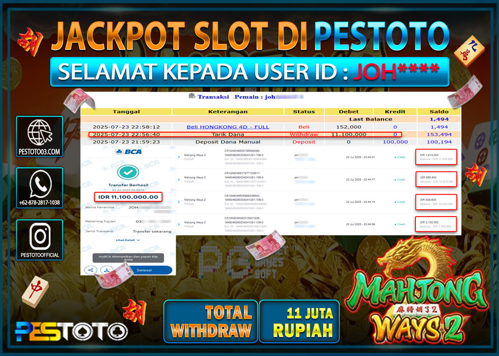 HANYA DI PESTOTO JP PASTI DI BAYAR LUNAS DAN CEPAT!!!! JP SLOT { MAHJONG WAYS } Rp. 11.100.000 !!!