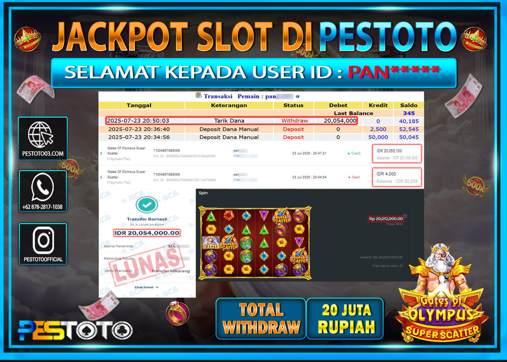 HANYA DI PESTOTO JP PASTI DI BAYAR LUNAS DAN CEPAT!!!! JP SLOT { GATES OF OLYMPUS SUPER SCATTER  } Rp. 20.054.000 !!!