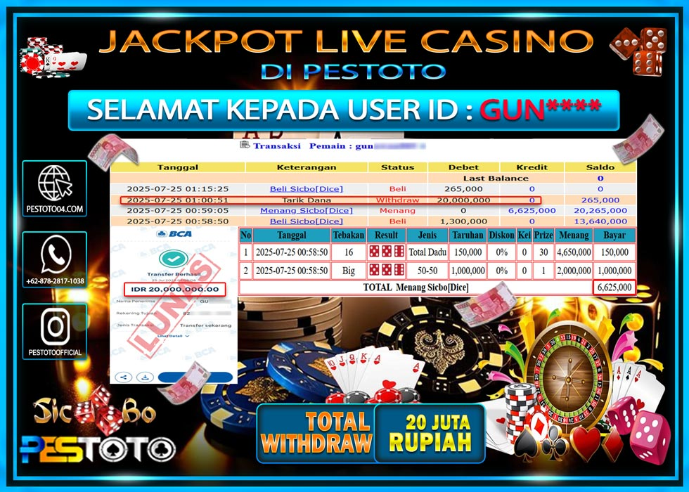 HANYA DI PESTOTO JP PASTI DI BAYAR LUNAS DAN CEPAT!!!! JP LIVE GAMES { SICBO DICE } Rp. 20.000.000 !!!