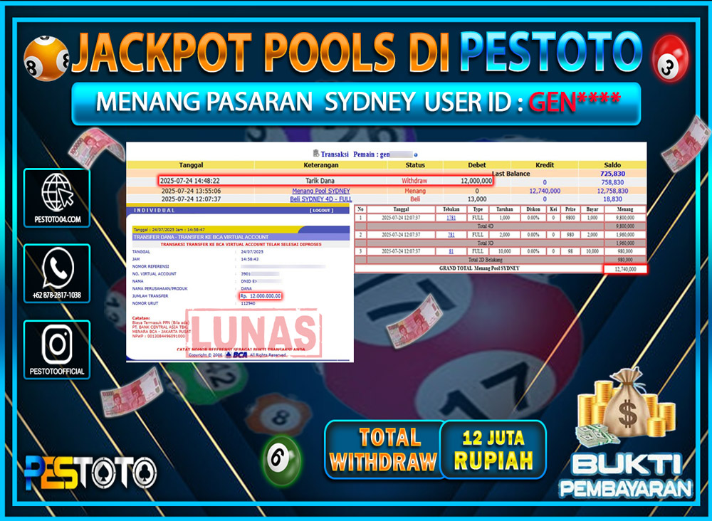 HANYA DI PESTOTO JP PASTI DI BAYAR LUNAS DAN CEPAT!!!! JP TOGEL { SYDNEY } Rp. 12.000.000 !!!