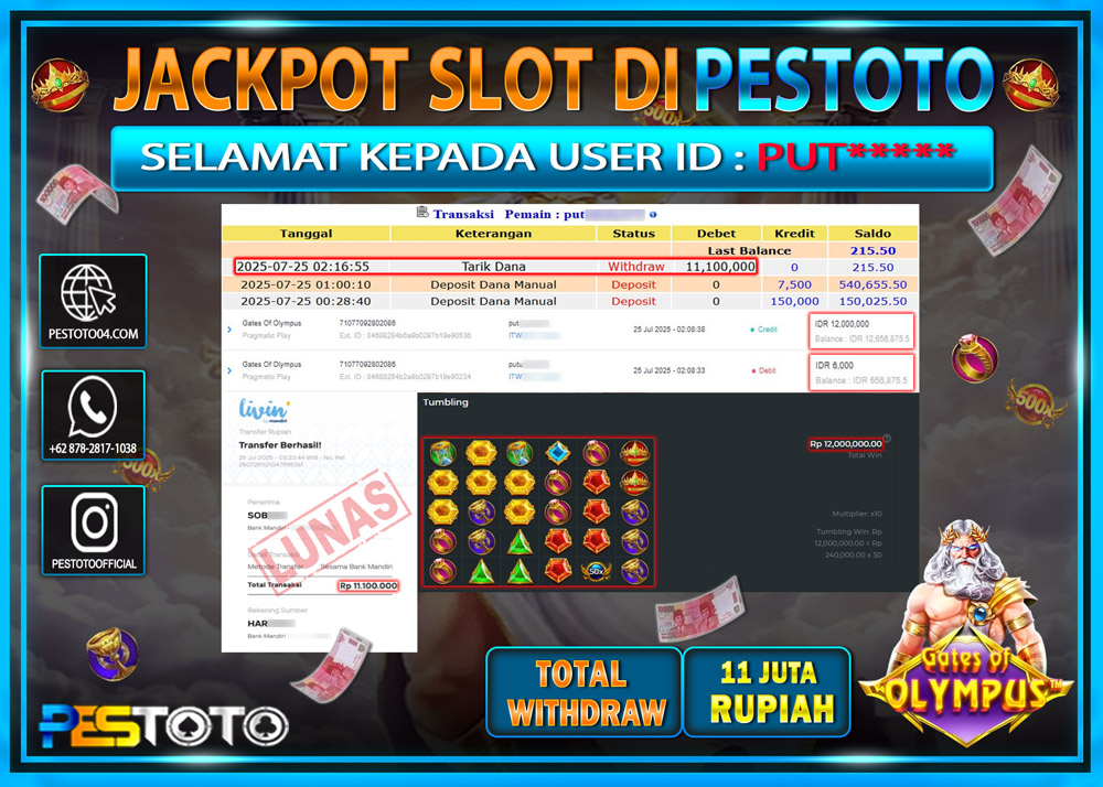 HANYA DI PESTOTO JP PASTI DI BAYAR LUNAS DAN CEPAT!!!! JP SLOT { GATES OF OLYMPUS } Rp. 11.100.000 !!!