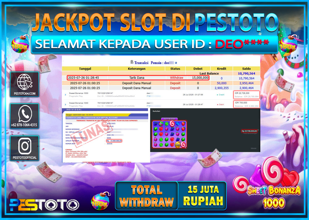 HANYA DI PESTOTO JP PASTI DI BAYAR LUNAS DAN CEPAT!!!! JP SLOT { SWEET BONANZA 1000 } Rp. 15.000.000 !!!