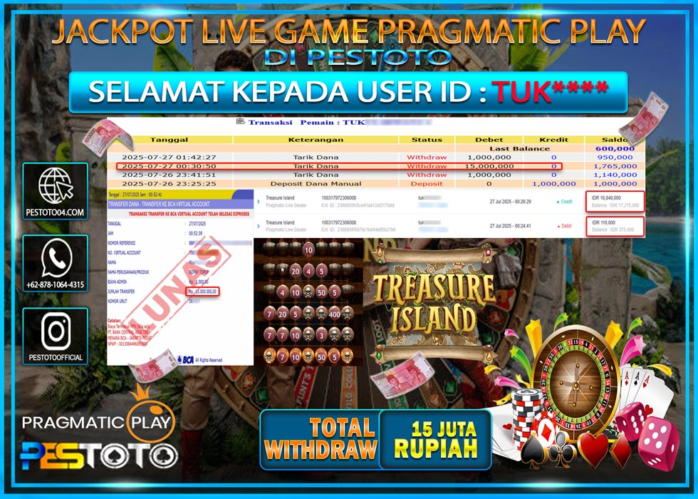 HANYA DI PESTOTO JP PASTI DI BAYAR LUNAS DAN CEPAT!!!! JP LIVE GAMES { TREASURE ISLAND PRAGMATIC PLAY } Rp. 15.000.000 !!!