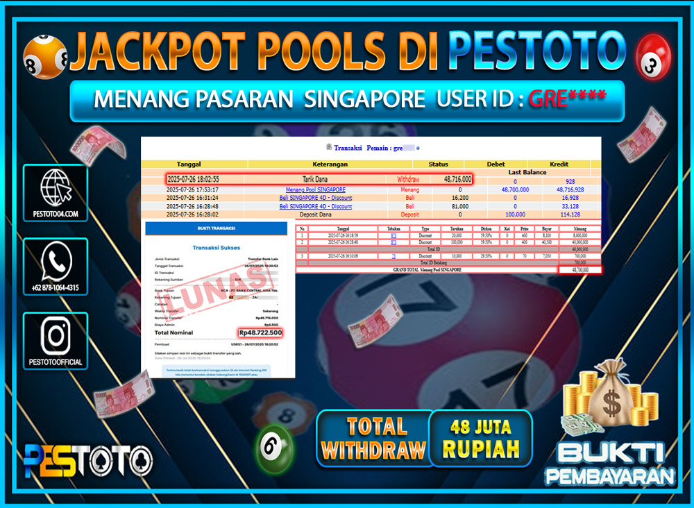 HANYA DI PESTOTO JP PASTI DI BAYAR LUNAS DAN CEPAT!!!! JP TOGEL { SINGAPORE } Rp. 48.722.500 !!!