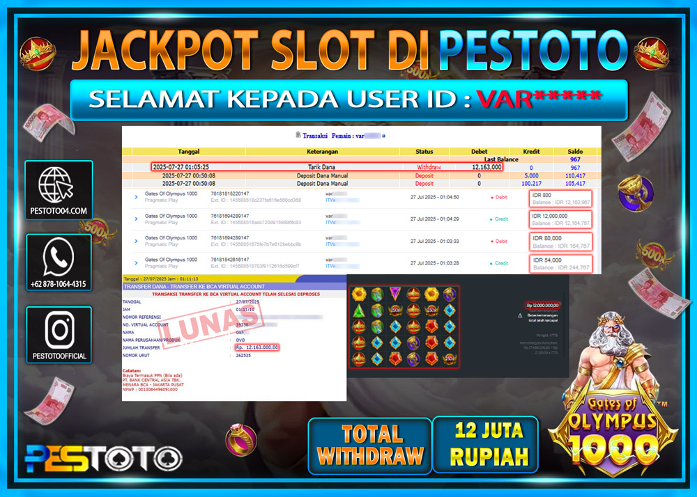 HANYA DI PESTOTO JP PASTI DI BAYAR LUNAS DAN CEPAT!!!! JP SLOT { GATES OF OLYMPUS 1000 } Rp. 12.000.000 !!!