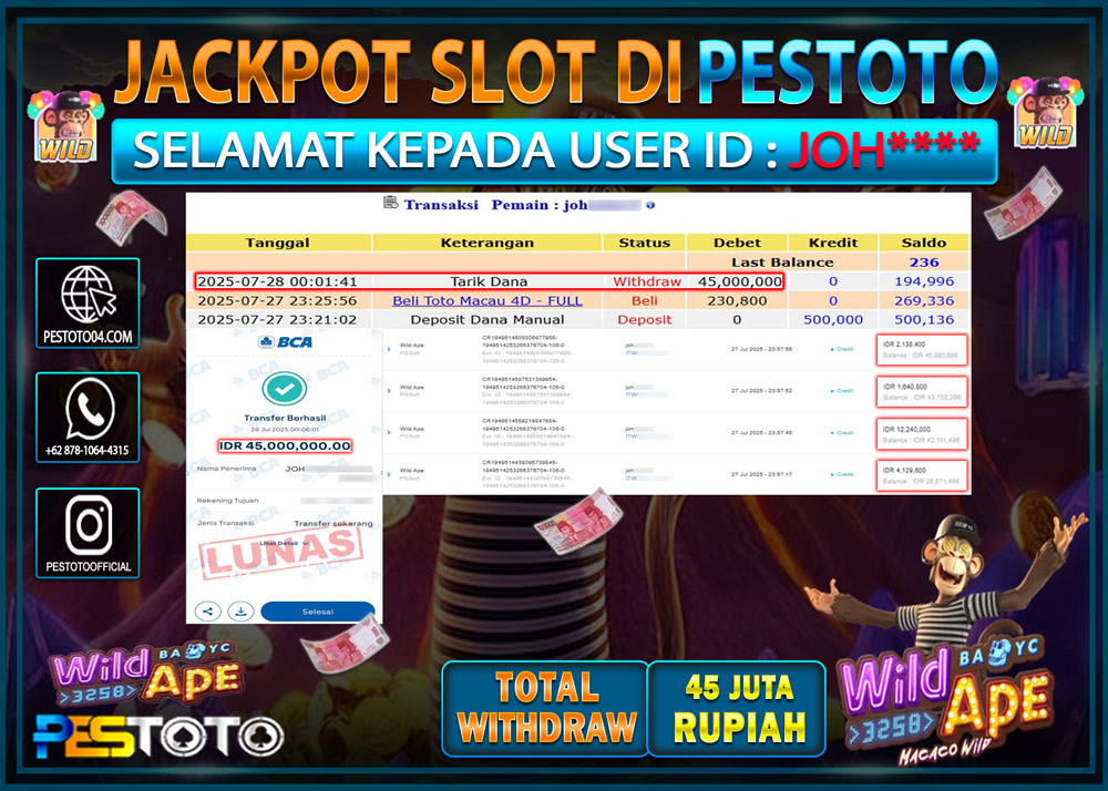 HANYA DI PESTOTO JP PASTI DI BAYAR LUNAS DAN CEPAT!!!! JP SLOT GAMES { WILD APE } Rp. 45.000.000 !!!
