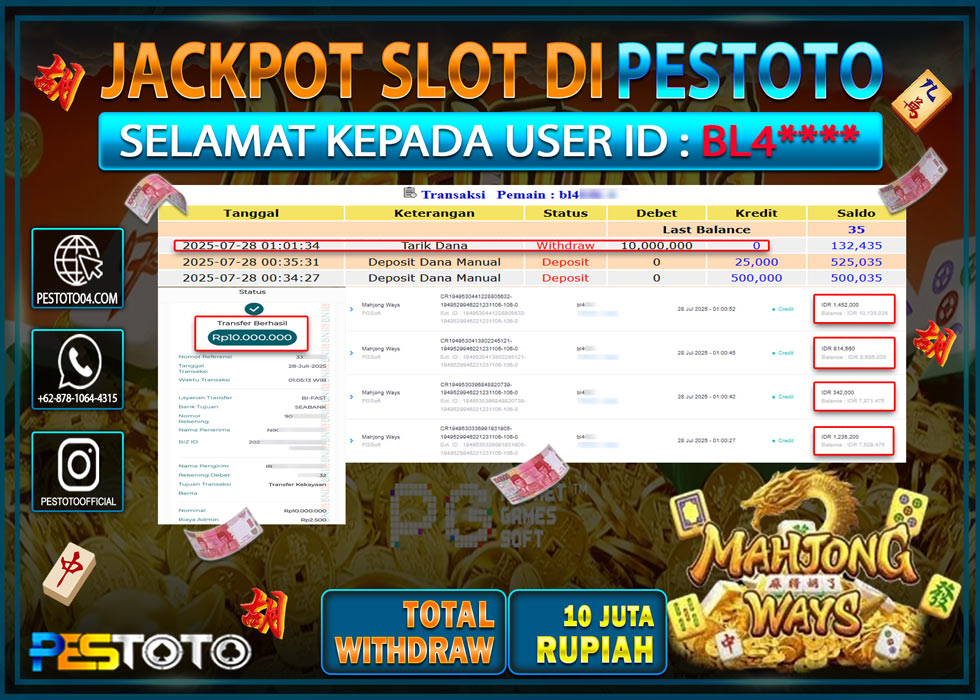 HANYA DI PESTOTO JP PASTI DI BAYAR LUNAS DAN CEPAT!!!! JP SLOT GAMES { MAHJONG WAYS } Rp. 10.000.000 !!!