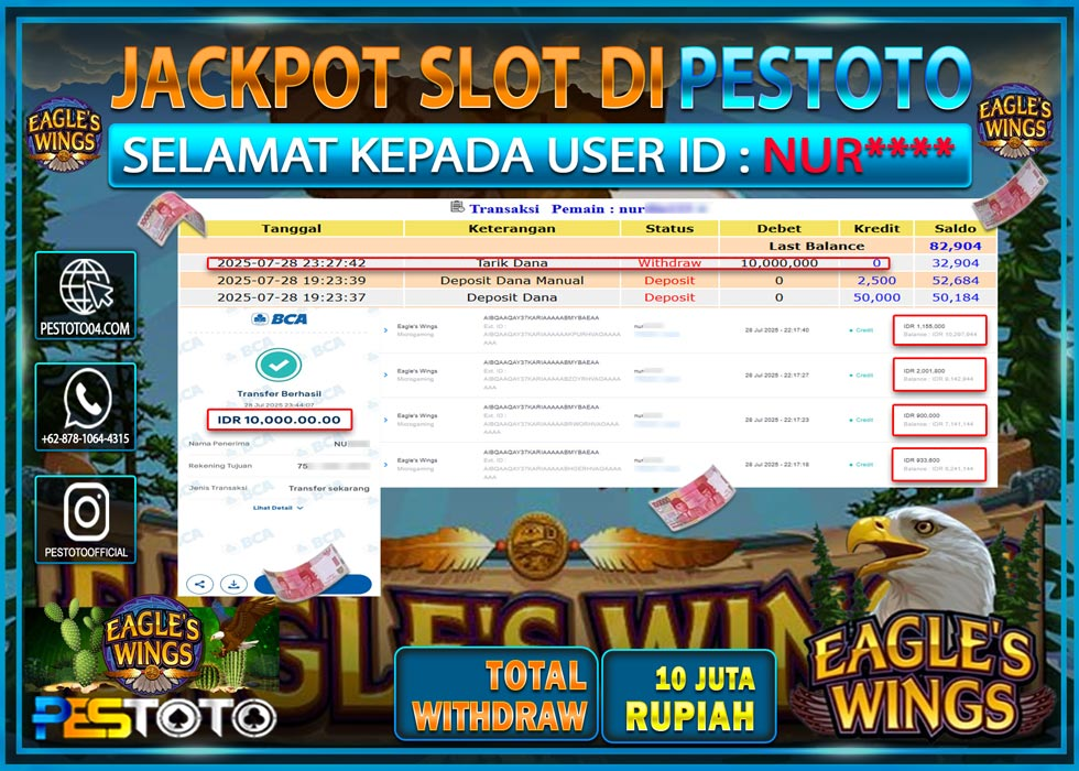 HANYA DI PESTOTO JP PASTI DI BAYAR LUNAS DAN CEPAT!!!! JP SLOT GAMES { EAGLE WINGS MICRO GAMING } Rp. 10.000.000 !!!