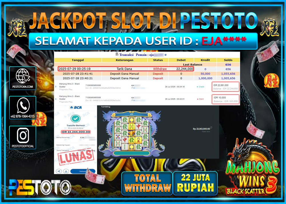 HANYA DI PESTOTO JP PASTI DI BAYAR LUNAS DAN CEPAT!!!! JP SLOT GAMES { MAHJONG WINS 3 - BLACK SCATTER } Rp. 22.000.000 !!!