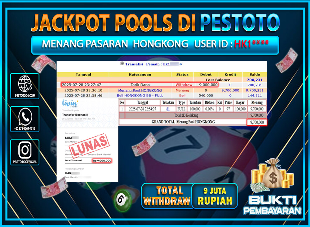 HANYA DI PESTOTO JP PASTI DI BAYAR LUNAS DAN CEPAT!!!! JP TOGEL { HONGKONG } Rp. 9.000.000 !!!