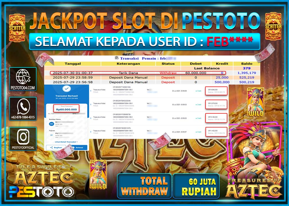 HANYA DI PESTOTO JP PASTI DI BAYAR LUNAS DAN CEPAT!!!! JP SLOT GAMES { TREASURE OF AZTEC } Rp. 60.000.000 !!!