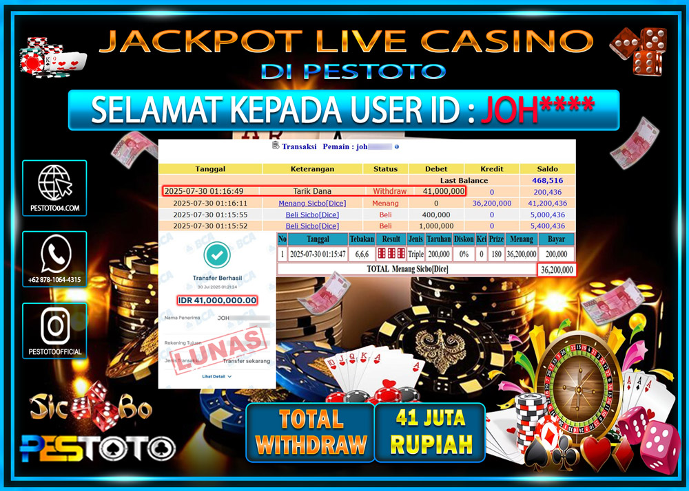 HANYA DI PESTOTO JP PASTI DI BAYAR LUNAS DAN CEPAT!!!! JP LIVE GAMES { SICBO DICE } Rp. 41.000.000 !!!
