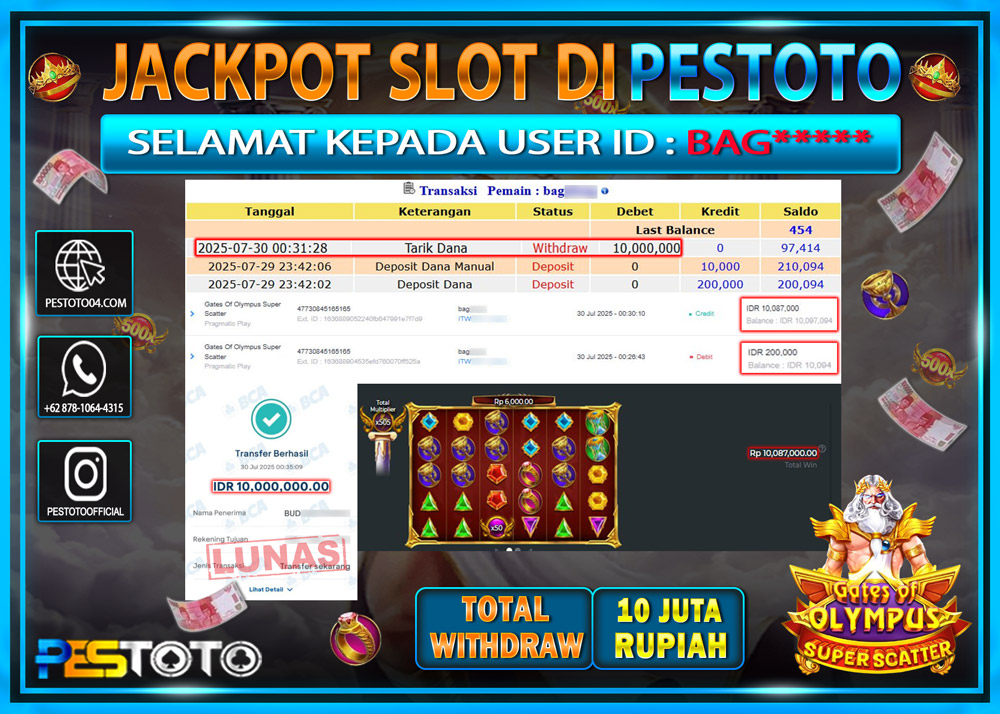 HANYA DI PESTOTO JP PASTI DI BAYAR LUNAS DAN CEPAT!!!! JP SLOT GAMES { GATES OF OLYMPUS SUPER SCATTER } Rp. 10.000.000 !!!