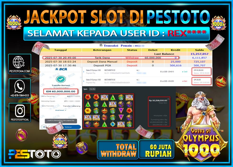 HANYA DI PESTOTO JP PASTI DI BAYAR LUNAS DAN CEPAT!!!! JP SLOT { GATES OF OLYMPUS 1000 } Rp. 60.000.000 !!!