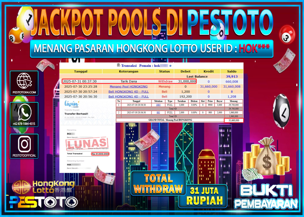 HANYA DI PESTOTO JP PASTI DI BAYAR LUNAS DAN CEPAT!!!! JP TOGEL { HONGKONG } Rp. 31.000.000 !!!