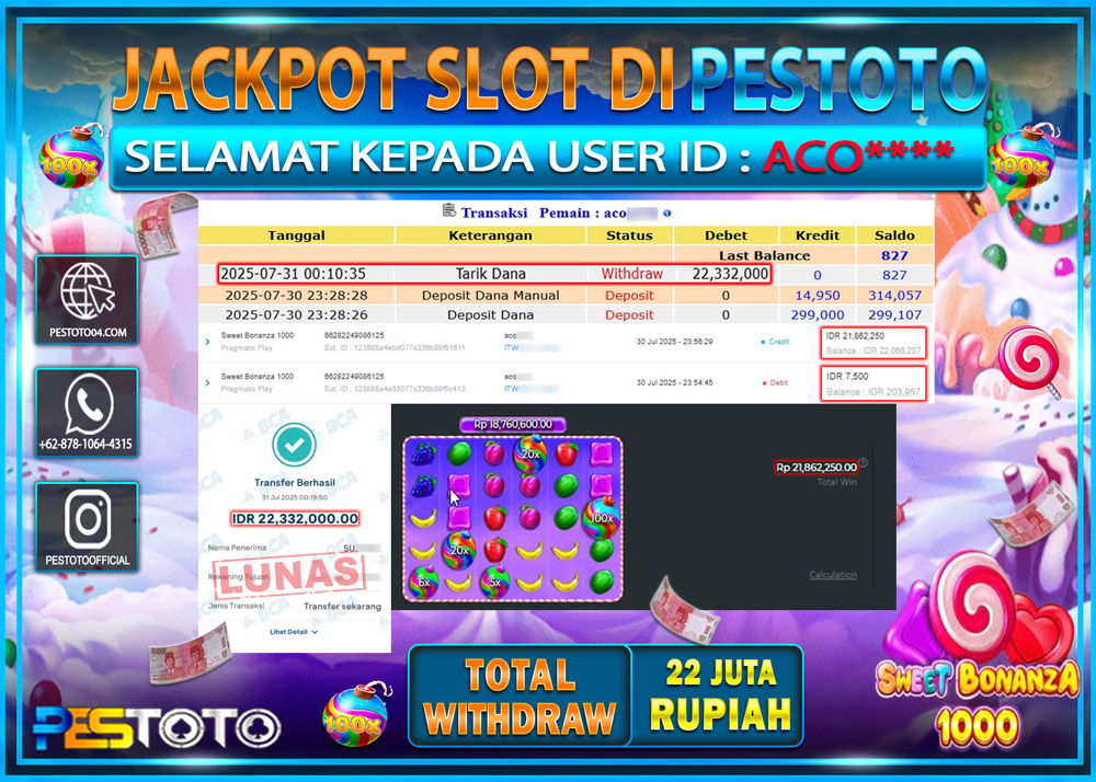 HANYA DI PESTOTO JP PASTI DI BAYAR LUNAS DAN CEPAT!!!! JP SLOT { SWEET BONANZA 1000 } Rp. 22.332.000 !!!