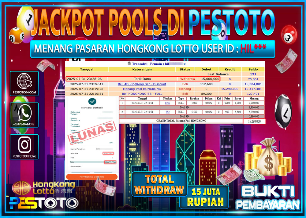 HANYA DI PESTOTO JP PASTI DI BAYAR LUNAS DAN CEPAT!!!! JP TOGEL { HONGKONG } Rp. 15.000.000 !!!