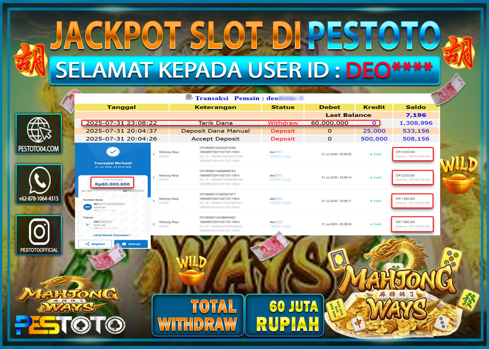 HANYA DI PESTOTO JP PASTI DI BAYAR LUNAS DAN CEPAT!!!! JP SLOT { MAHJONG WAYS } Rp. 60.000.000 !!!
