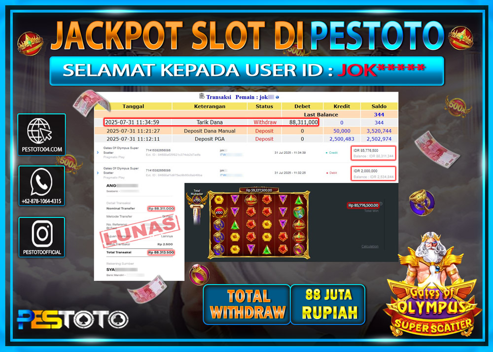 HANYA DI PESTOTO JP PASTI DI BAYAR LUNAS DAN CEPAT!!!! JP SLOT { GATES OF OLYMPUS SUPER SCATTER } Rp. 88.000.000 !!!