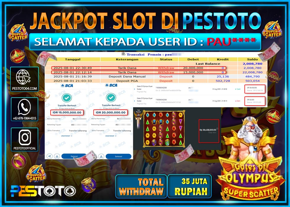 HANYA DI PESTOTO JP PASTI DI BAYAR LUNAS DAN CEPAT!!!! JP SLOT { GATES OF OLYMPUS SUPER SCATTER } Rp. 35.000.000 !!!