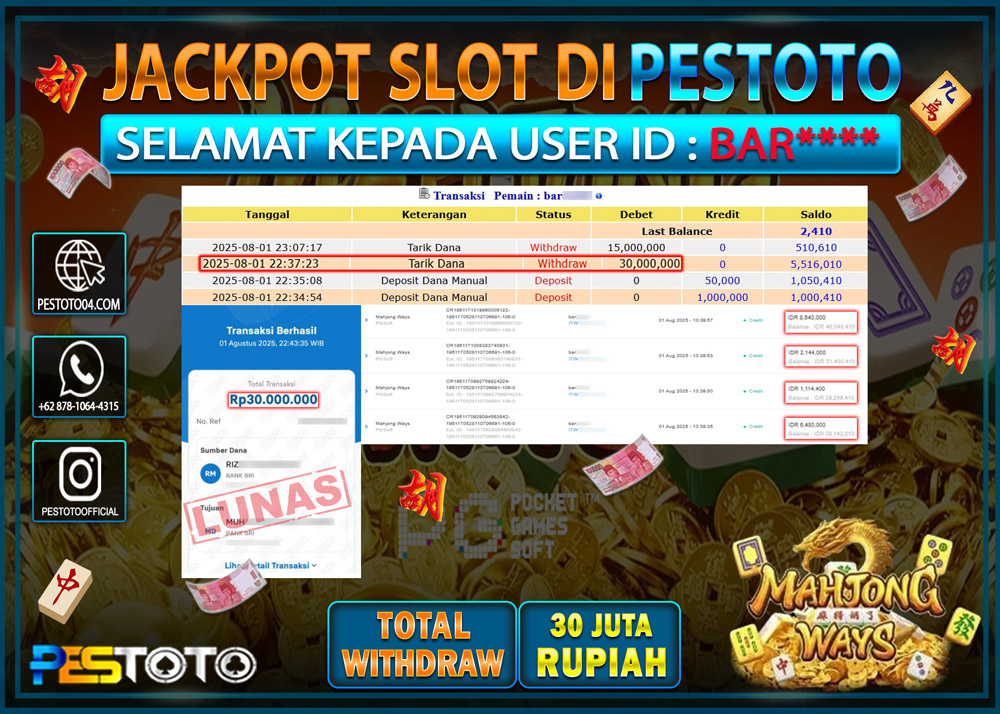 HANYA DI PESTOTO JP PASTI DI BAYAR LUNAS DAN CEPAT!!!! JP SLOT { MAHJONG WAYS } Rp. 30.000.000 !!!