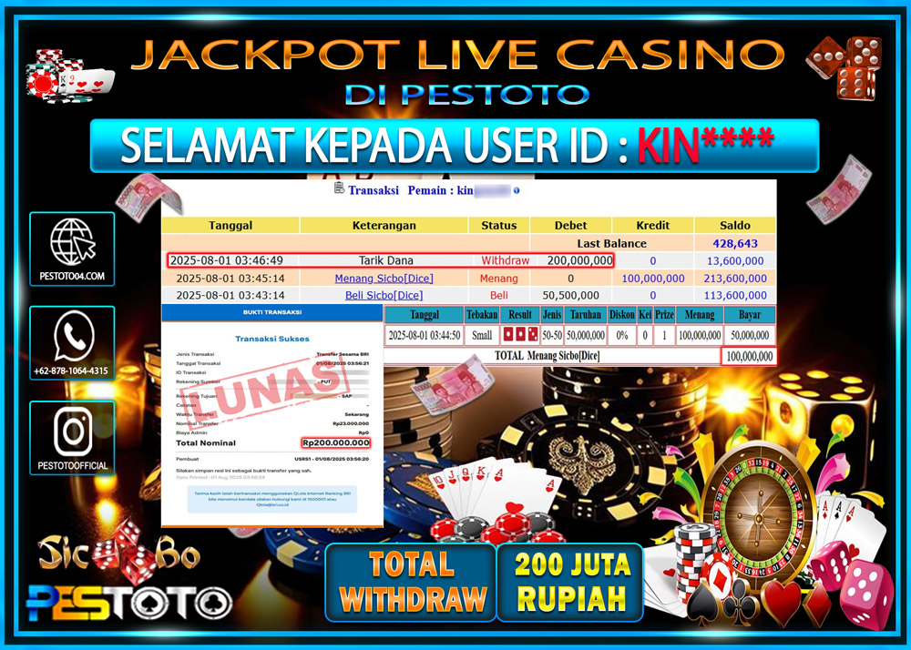 HANYA DI PESTOTO JP PASTI DI BAYAR LUNAS DAN CEPAT!!!! JP LIVE GAMES { SICBO DICE } Rp. 200.000.000 !!!