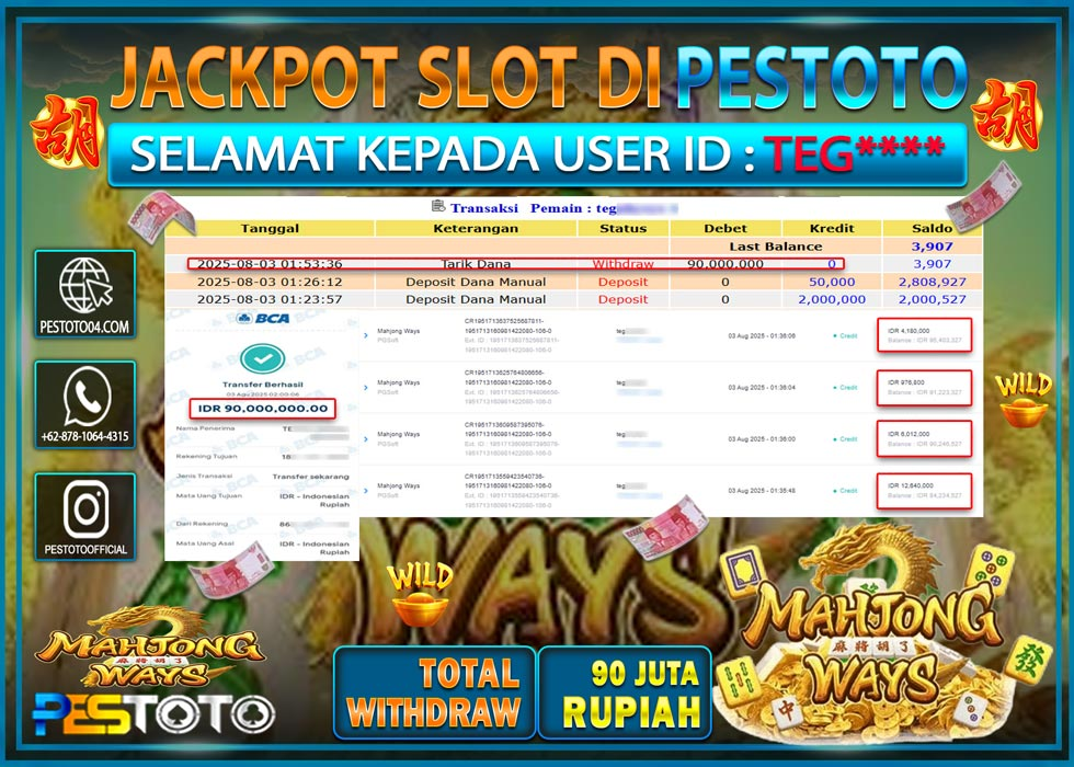 HANYA DI PESTOTO JP PASTI DI BAYAR LUNAS DAN CEPAT!!!! JP SLOT { MAHJONG WAYS } Rp. 90.000.000 !!!