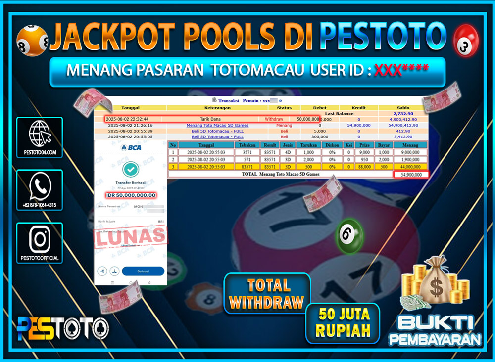 HANYA DI PESTOTO JP PASTI DI BAYAR LUNAS DAN CEPAT!!!! JP TOGEL { TOTOMACAU 5D } Rp. 50.000.000 !!!
