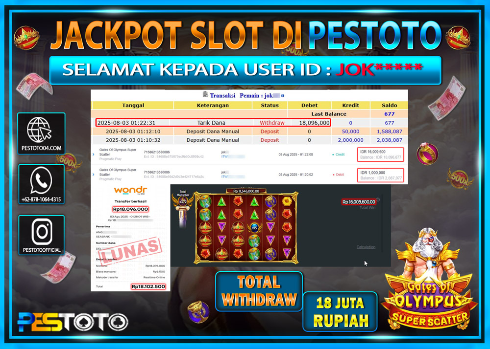 HANYA DI PESTOTO JP PASTI DI BAYAR LUNAS DAN CEPAT!!!! JP SLOT { GATES OF OLYMPUS SUPER SCATTER } Rp. 18.096.000 !!!
