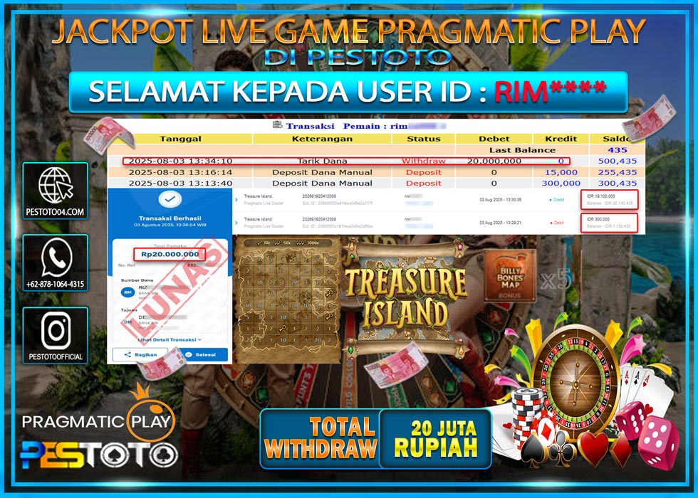 HANYA DI PESTOTO JP PASTI DI BAYAR LUNAS DAN CEPAT!!!! JP LIVE GAMES { TREASURE ISLAND PRAGMATIC PLAY } Rp. 20.000.000 !!!