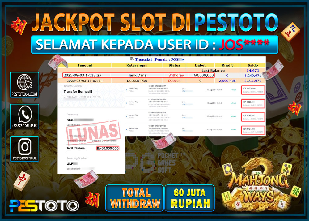 HANYA DI PESTOTO JP PASTI DI BAYAR LUNAS DAN CEPAT!!!! JP SLOT GAMES { MAHJONG WAYS } Rp. 60.000.000 !!!
