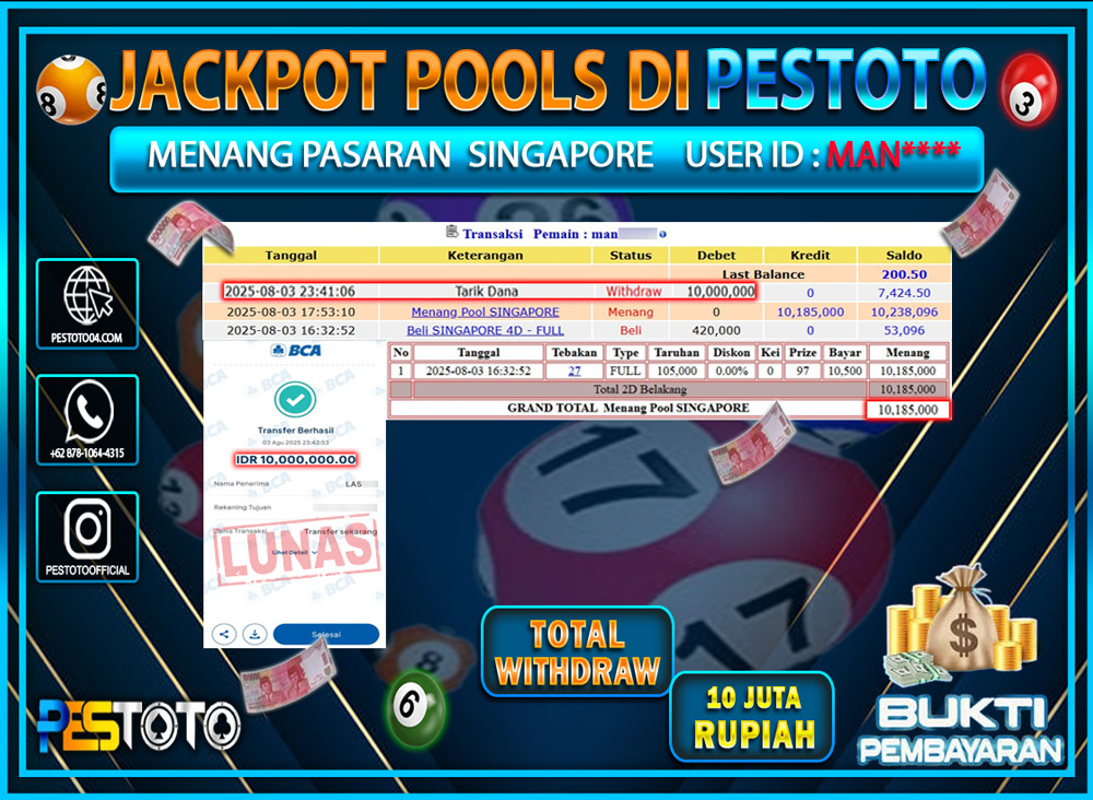 HANYA DI PESTOTO JP PASTI DI BAYAR LUNAS DAN CEPAT!!!! JP TOGEL { SINGAPORE } Rp. 10.000.000 !!!