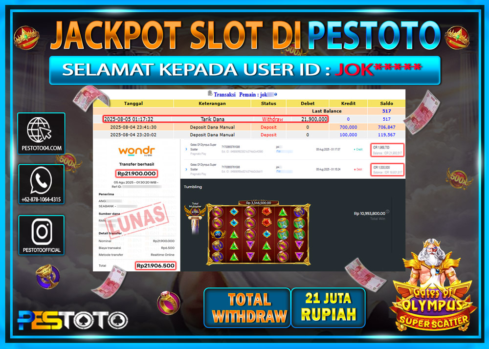 HANYA DI PESTOTO JP PASTI DI BAYAR LUNAS DAN CEPAT!!!! JP SLOT GAMES { GATES OF OLYMPUS SUPER SCATTER } Rp. 21.900.000 !!!