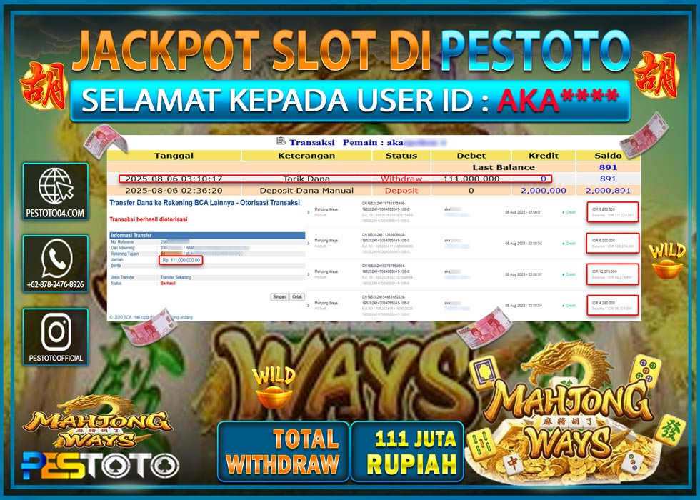 HANYA DI PESTOTO JP PASTI DI BAYAR LUNAS DAN CEPAT!!!! JP SLOT GAMES { MAHJONG WAYS } Rp. 111.000.000 !!!