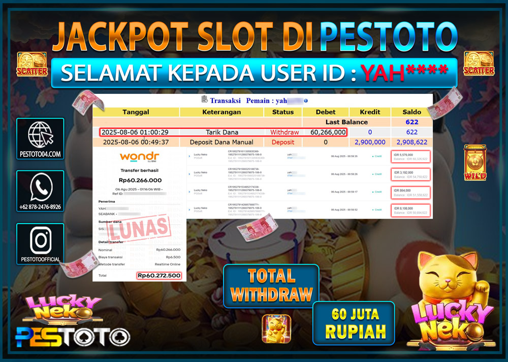 HANYA DI PESTOTO JP PASTI DI BAYAR LUNAS DAN CEPAT!!!! JP SLOT GAMES { LUCKY NECKO } Rp. 60.000.000 !!!