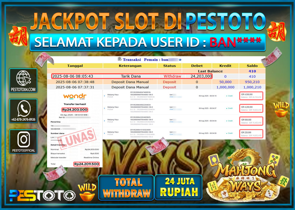 HANYA DI PESTOTO JP PASTI DI BAYAR LUNAS DAN CEPAT!!!! JP SLOT GAMES { MAHJONG WAYS } Rp. 24.203.000 !!!